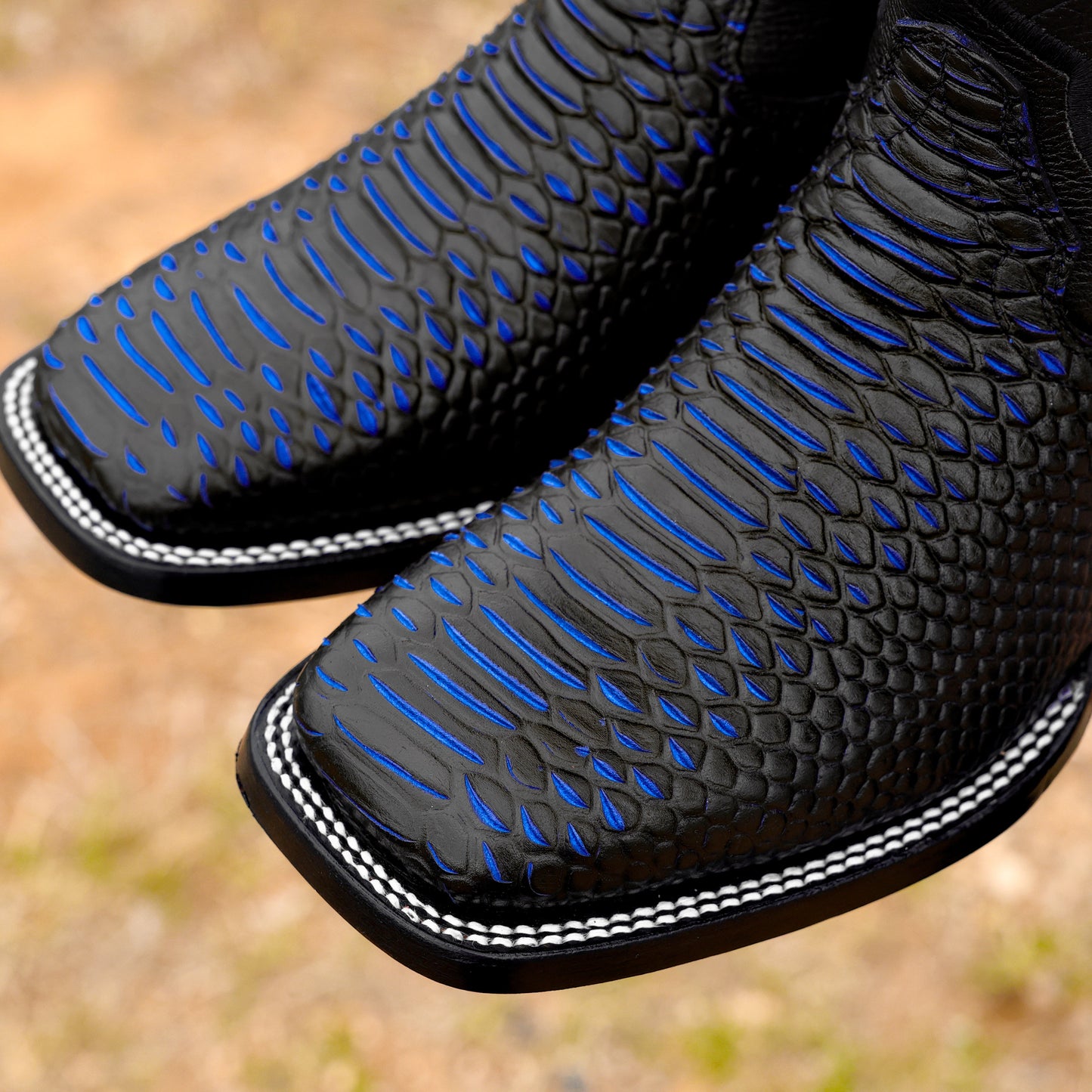 Blue & Black Python Leather Boots - Square Toe