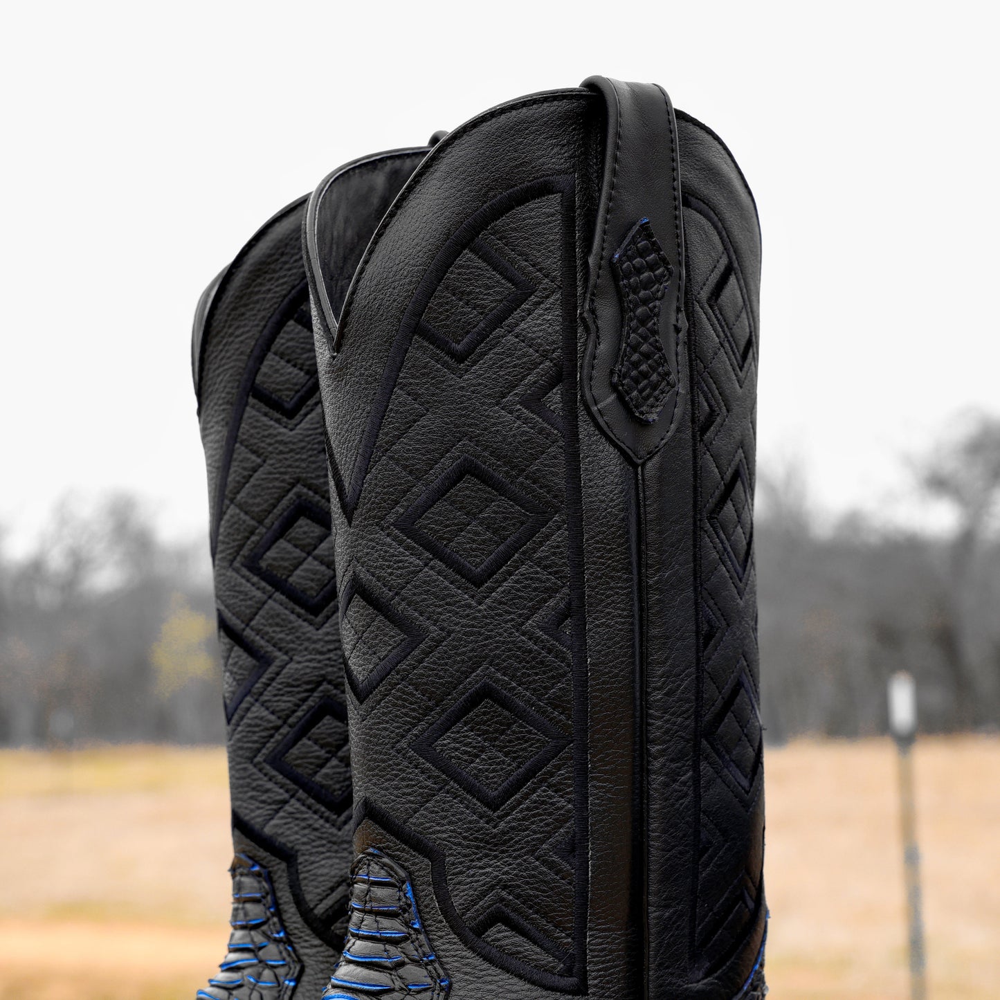 Blue & Black Python Leather Boots - Square Toe