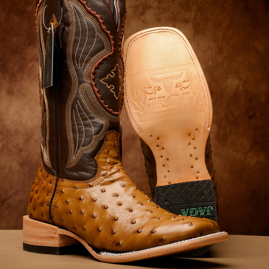 Honey Ostrich Leather Boots - Square Toe