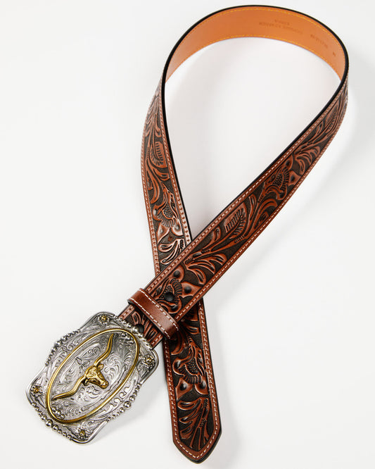 Men's Tooled Longhorn Buckle Belt
