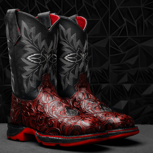 Black Cherry Hand-Tooled Leather Boots - 3D Sole Composite Toe