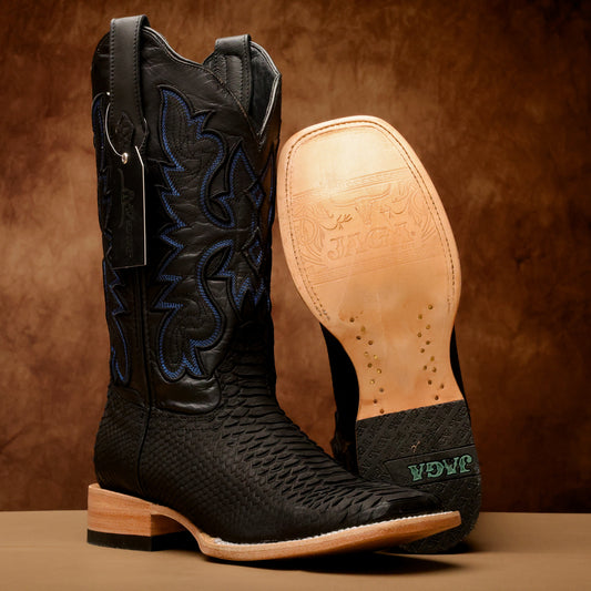 Matte Black Python Leather Boots - Square Toe