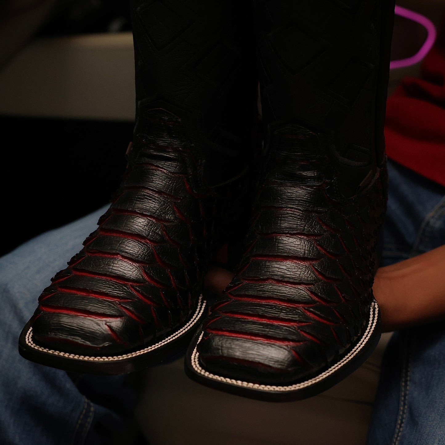 Black Cherry Python Leather Boots - Square Toe