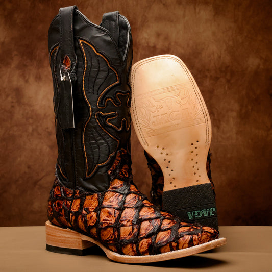 Cognac Jumbo Pirarucu Leather Boots - Square Toe