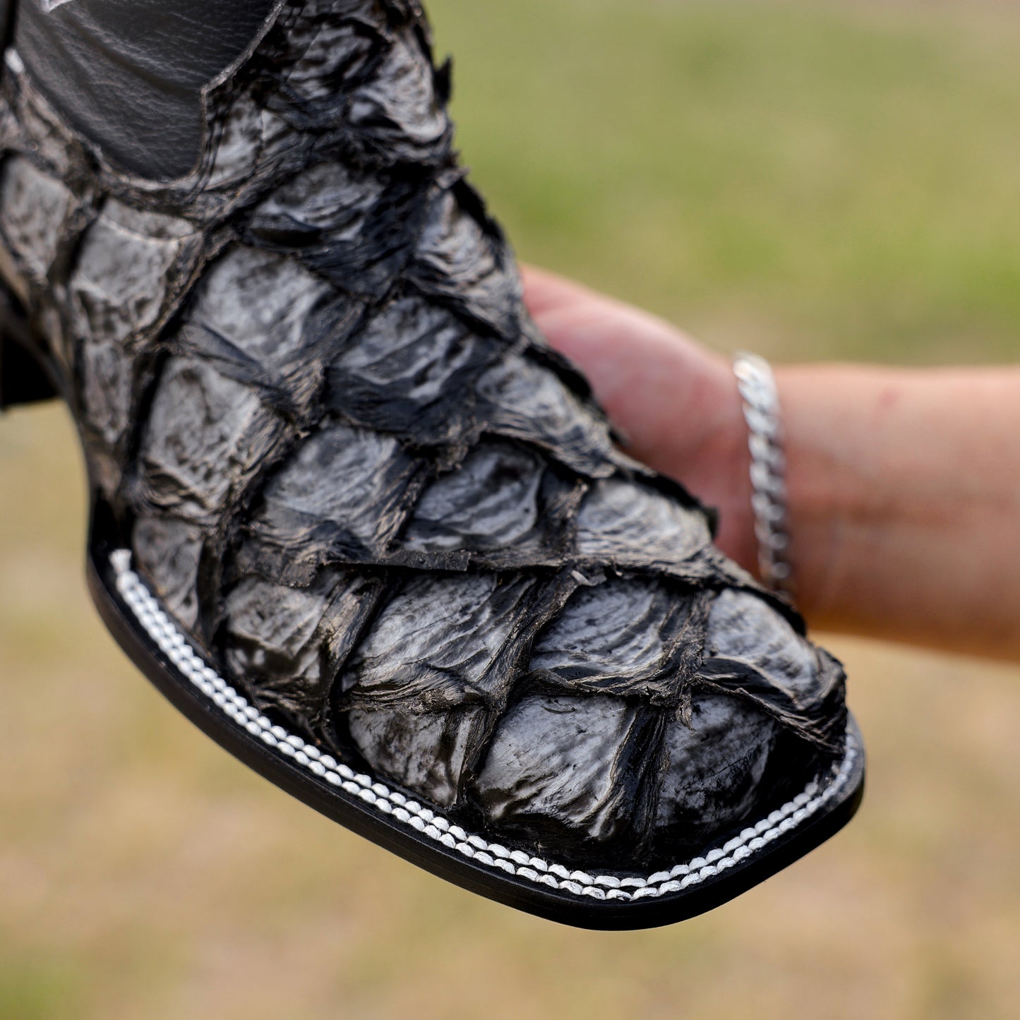 Grey Jumbo Pirarucu Leather Boots - Square Toe