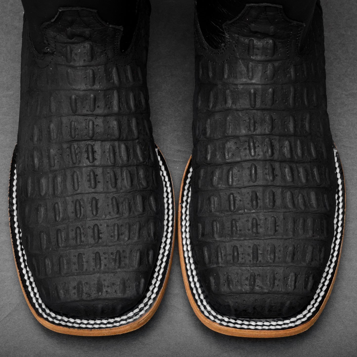 Matte Black Caiman Hornback Leather Boots - Square Toe