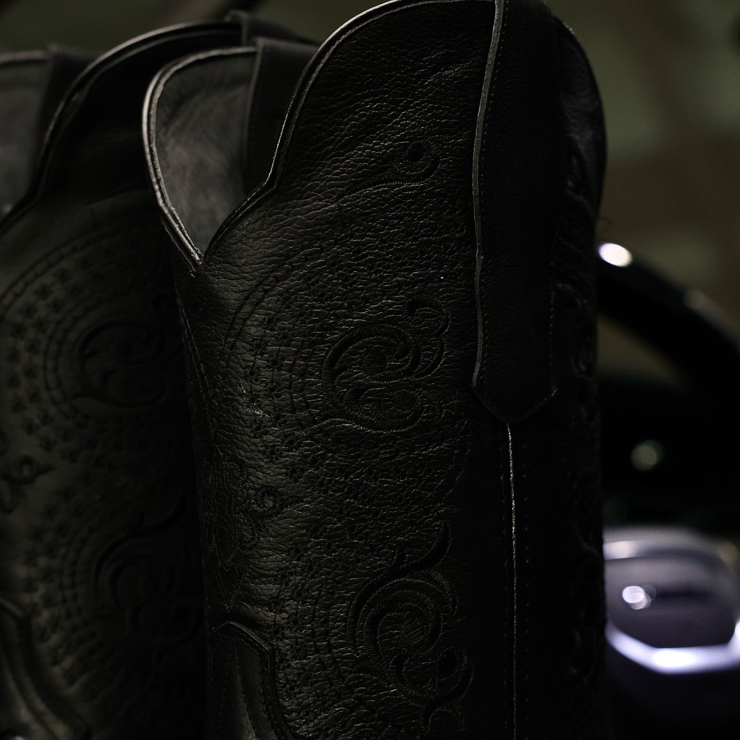 Black Basketweave Leather Boots — Square Toe