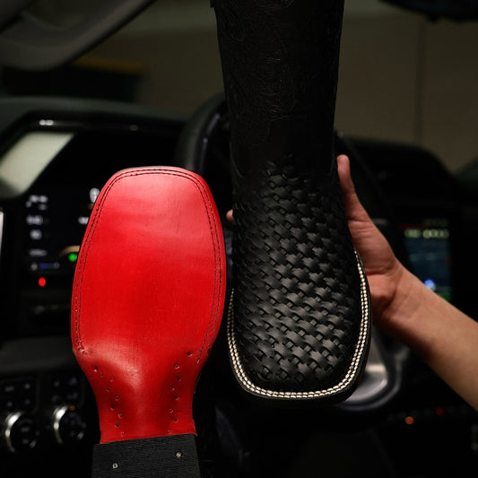 Black Basketweave Leather Boots — Square Toe