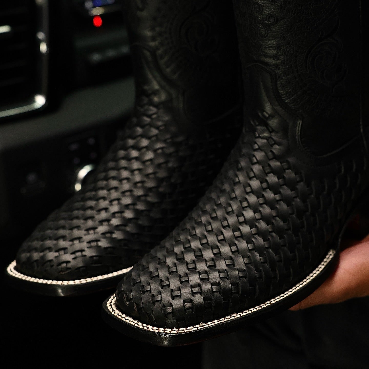Black Basketweave Leather Boots — Square Toe