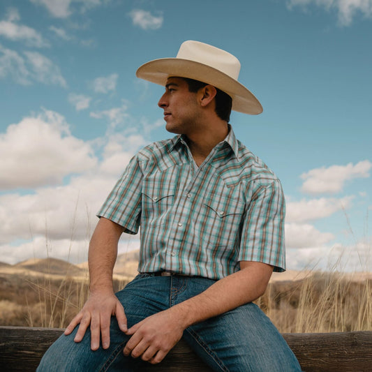 Turquoise Plaid Short-Sleeve Western Shirt