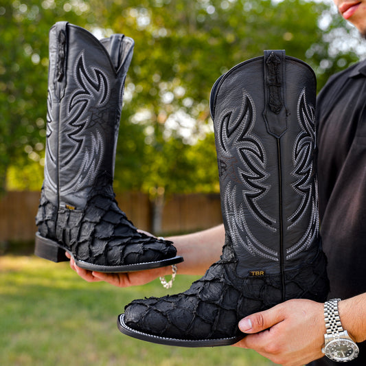 Matte Black Jumbo Pirarucu Leather Boots - Square Toe