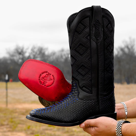 Blue & Black Python Leather Boots - Square Toe