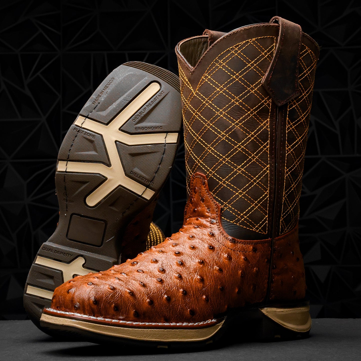 Cognac Ostrich Leather Boots - 3D Sole Composite Toe