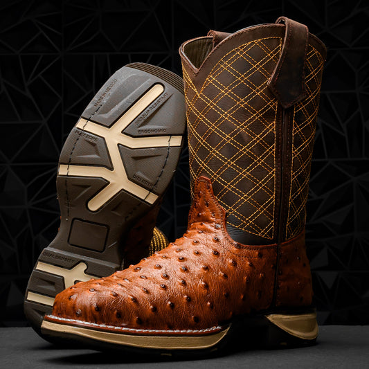 Cognac Ostrich Leather Boots - 3D Sole Composite Toe