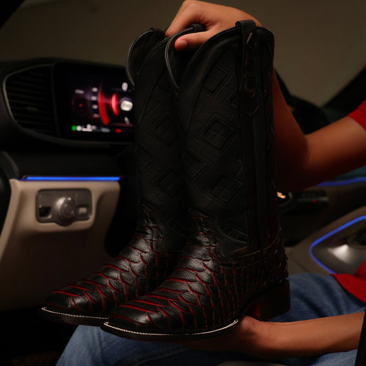 Black Cherry Python Leather Boots - Square Toe