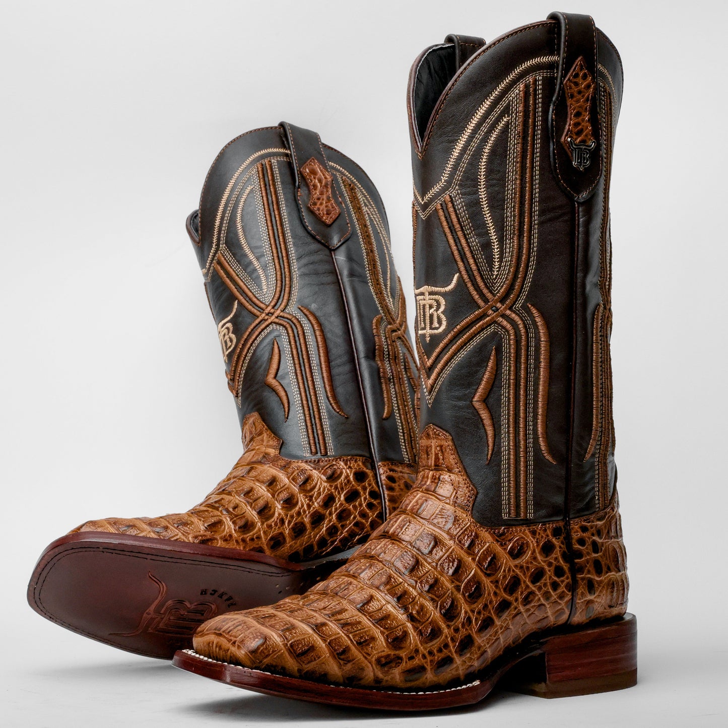 Honey Caiman Hornback Leather Boots - Square Toe