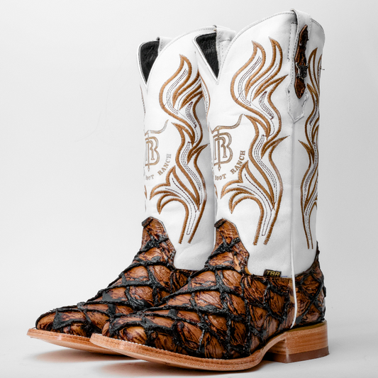 Honey Cognac Jumbo Pirarucu Leather Boots - Square Toe