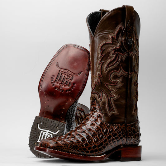 Brown Caiman Hornback Leather Boots - Square Toe