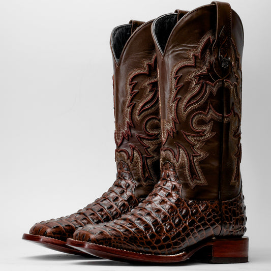 Brown Caiman Hornback Leather Boots - Square Toe