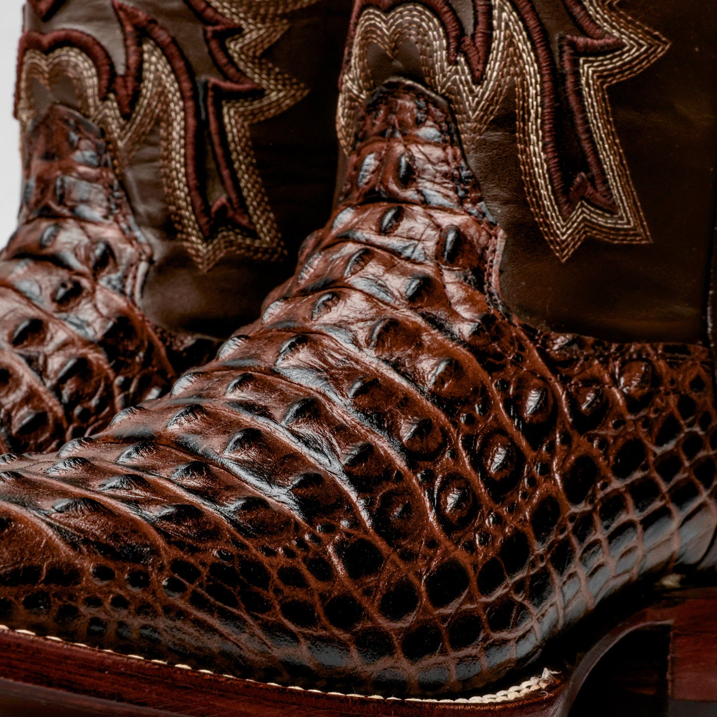 Brown Caiman Hornback Leather Boots - Square Toe