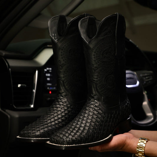 Black Basketweave Leather Boots — Square Toe